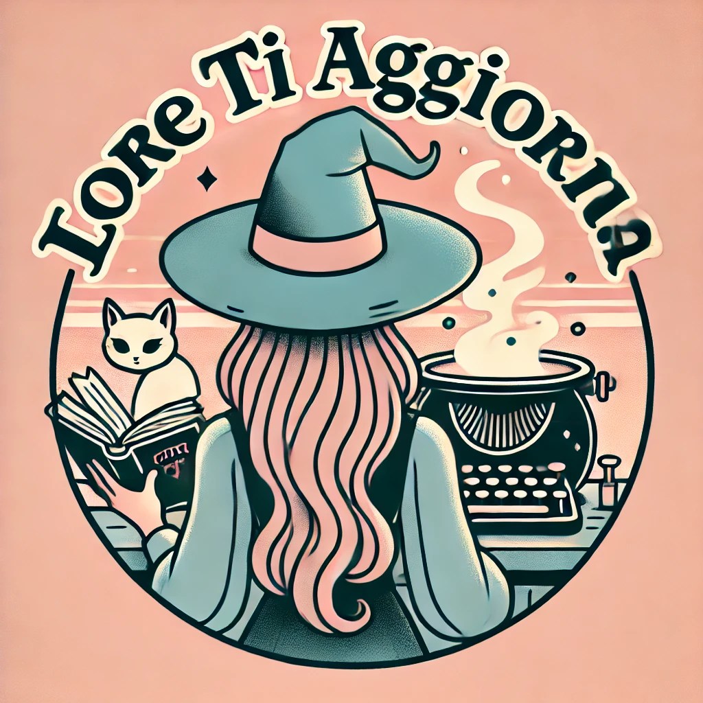 Logo di Lore Ti Aggiorna con una strega di spalle, un gatto bianco e un calderone fumante e altri accessori quali libro e macchina da scrivere